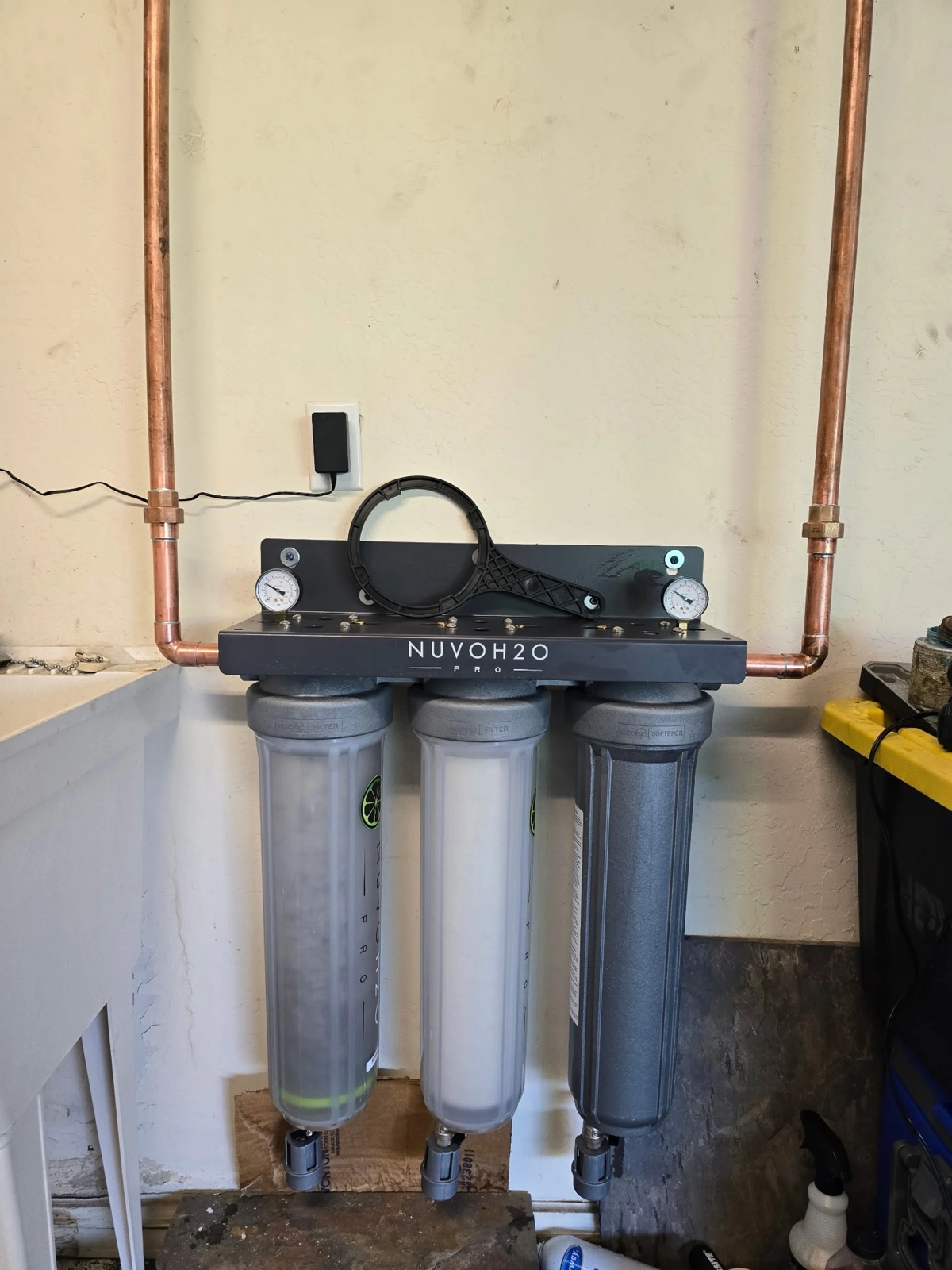 NuvoH2O three-stage whole-house water filtration system plumbed with copper in Phoenix