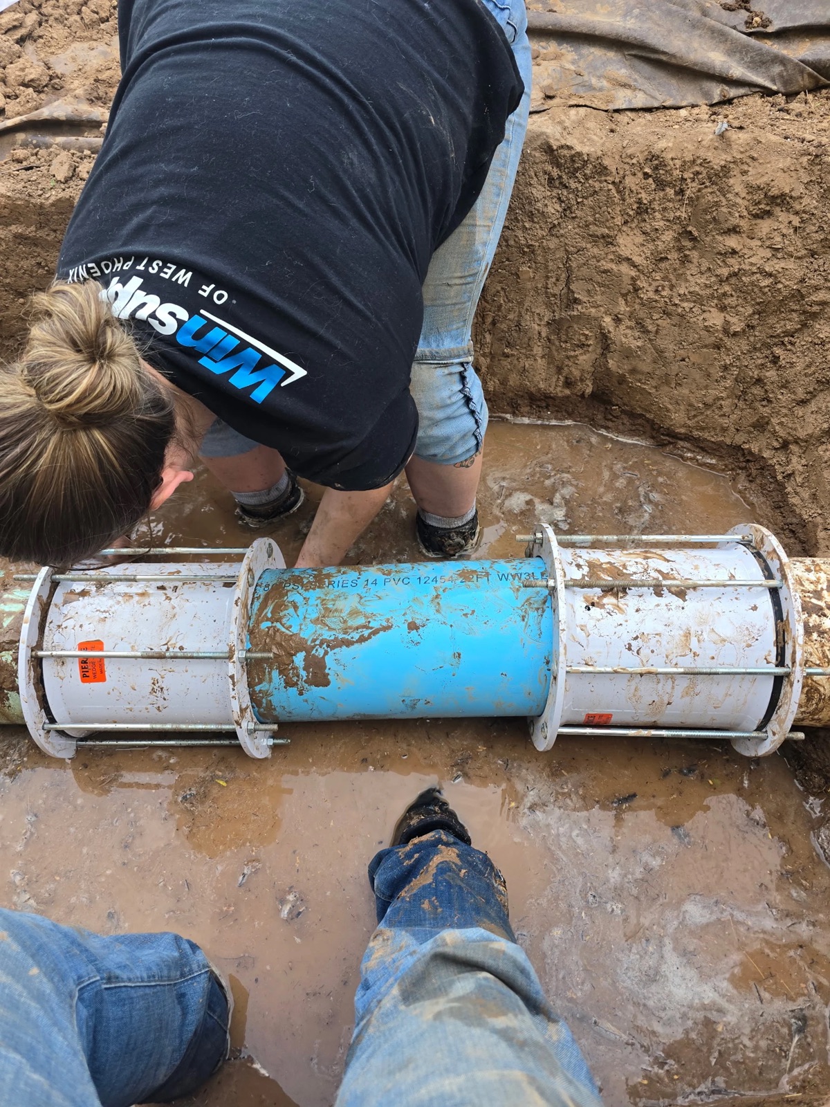 Repair coupling installed on a large-diameter water main during a leak repair in the Phoenix Valley